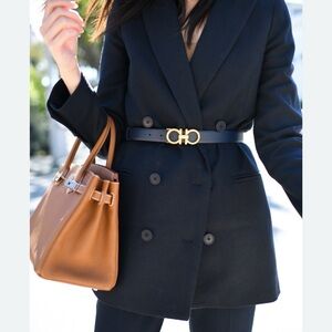 Ferragamo Elegant Black Blue Tan Leather Belt with Gold Silver Buckle